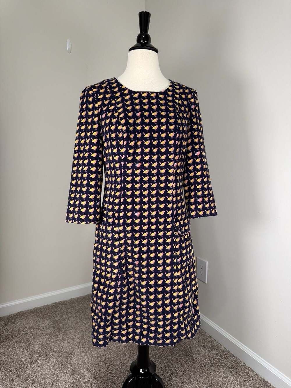 Boden Bird Print Corduroy Dress Size US 4R Navy Blue Twee Preppy Fall Coquette